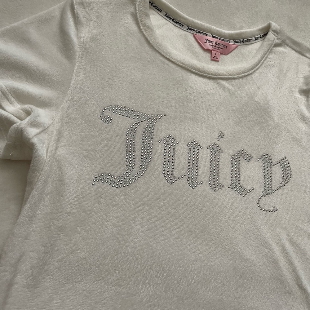 Juicy Couture Fuzzy White‎ Baby Tee with Bedazzled Logo